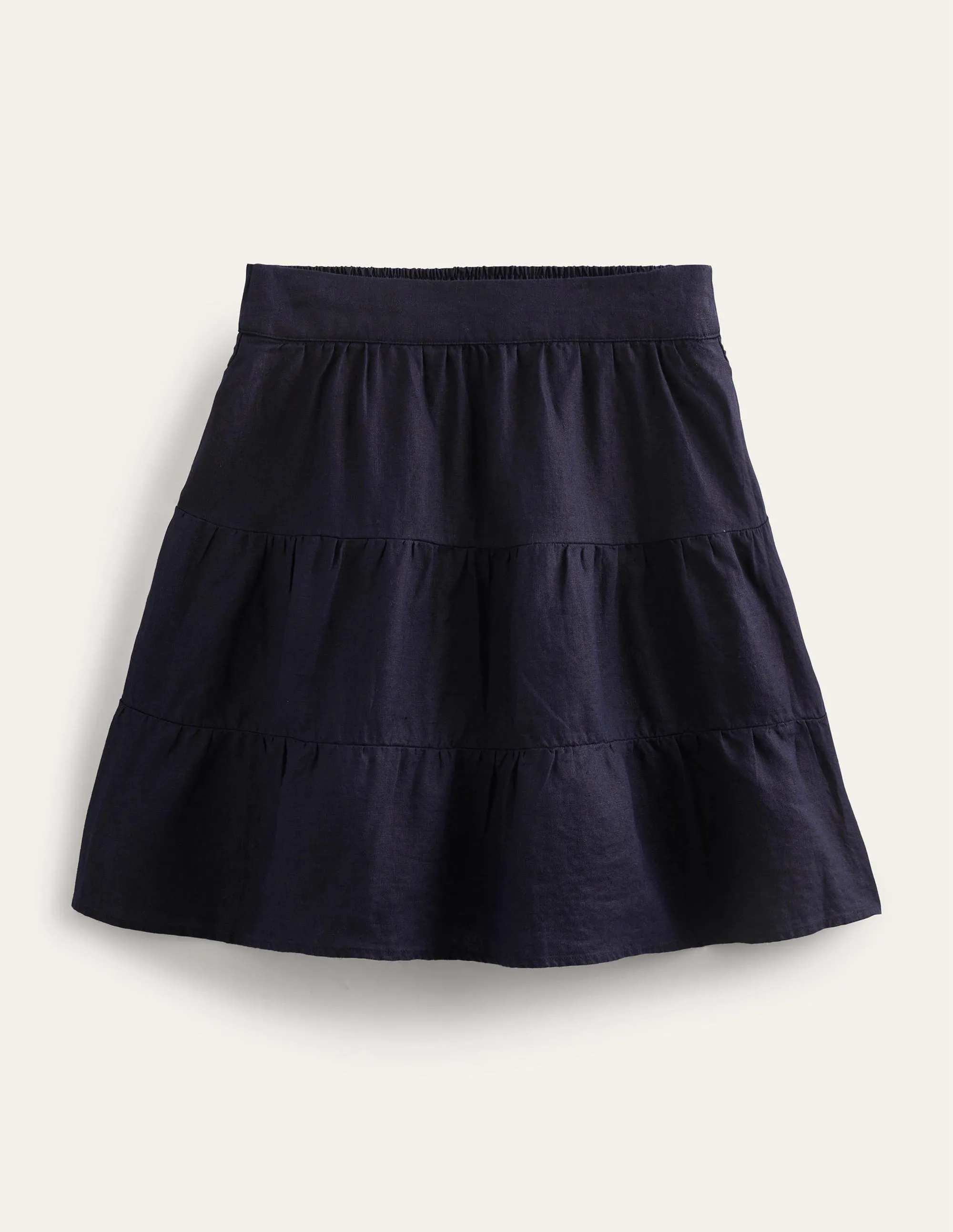 Pull On Tiered Linen Skirt-Navy