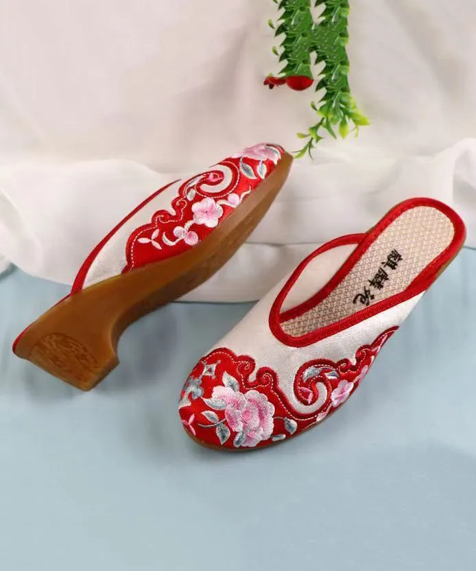 Red Chunky Cotton Fabric Boho Embroidery Slide Sandals CZ1041