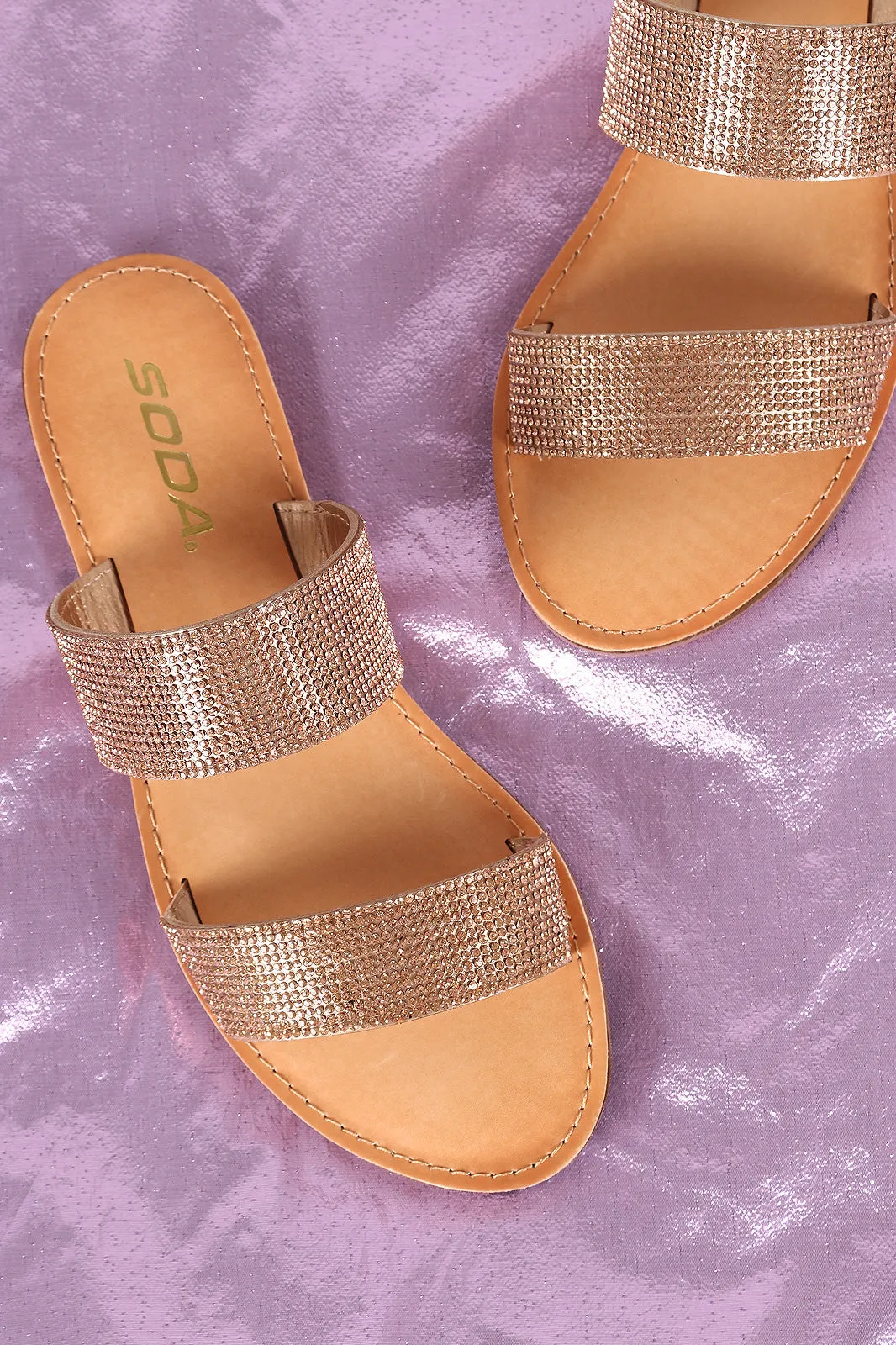 Soda Rhinestone Accent Double Band Slide Sandal