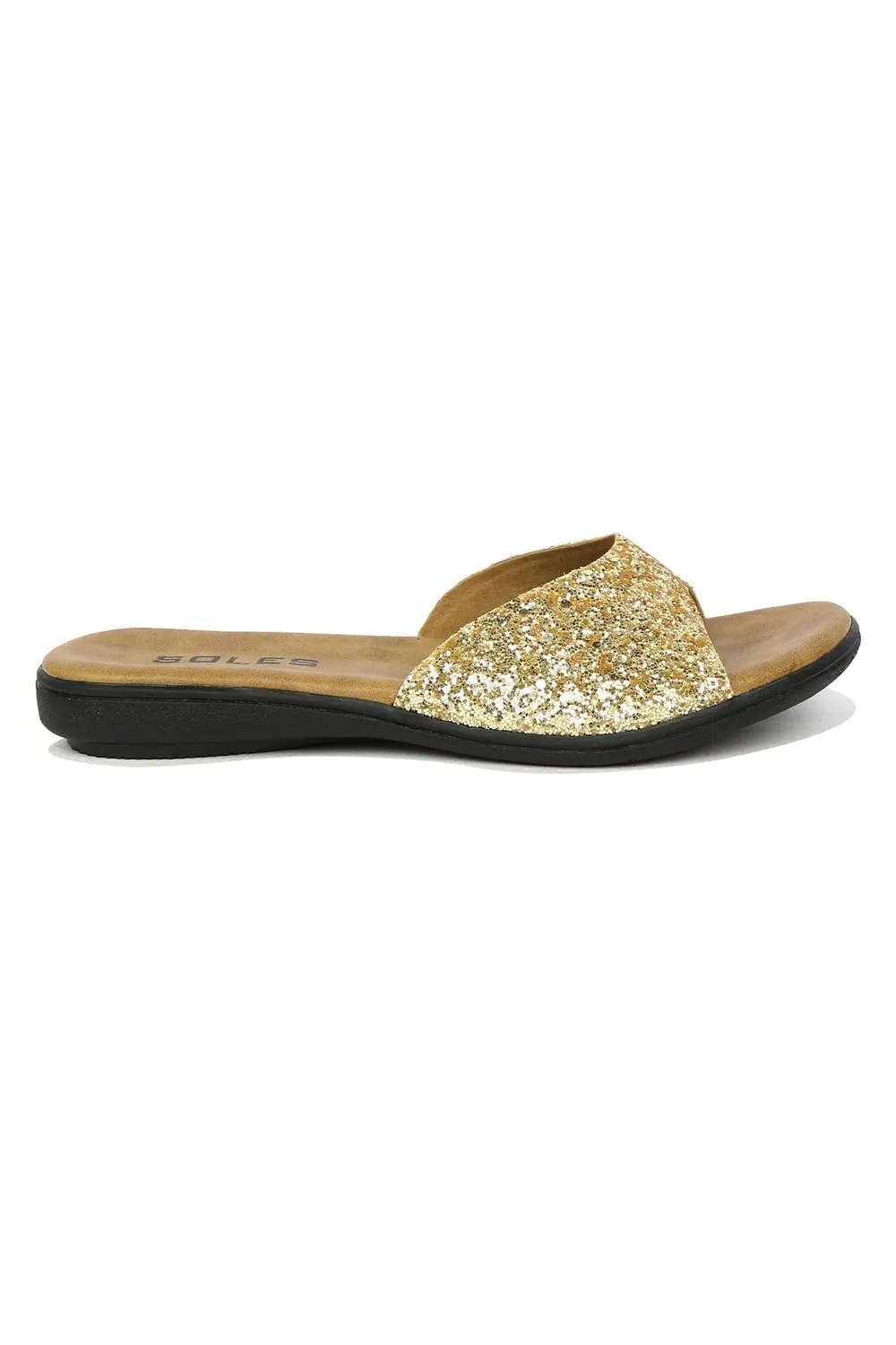 SOLES Glamorous Gold Flat Sandals - Shine with Every Step