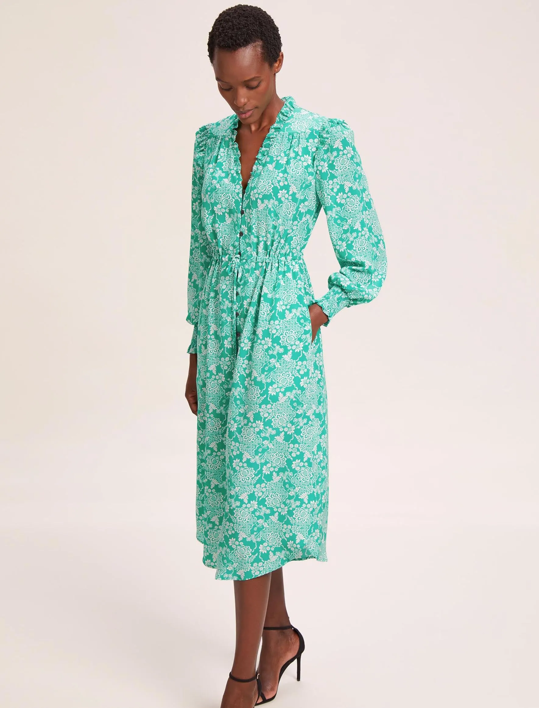 Stella Silk Midi Dress - Green Damask Print