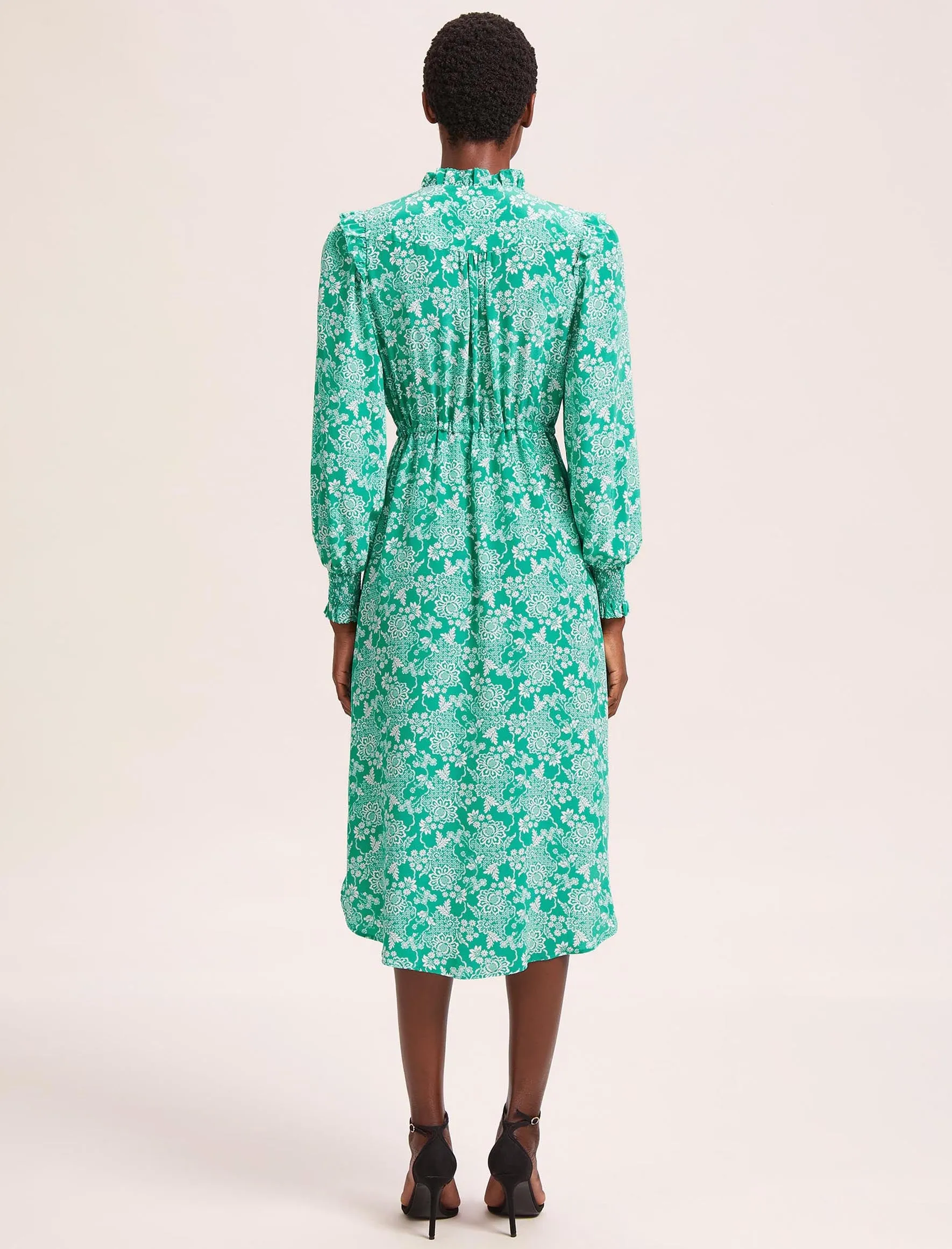 Stella Silk Midi Dress - Green Damask Print