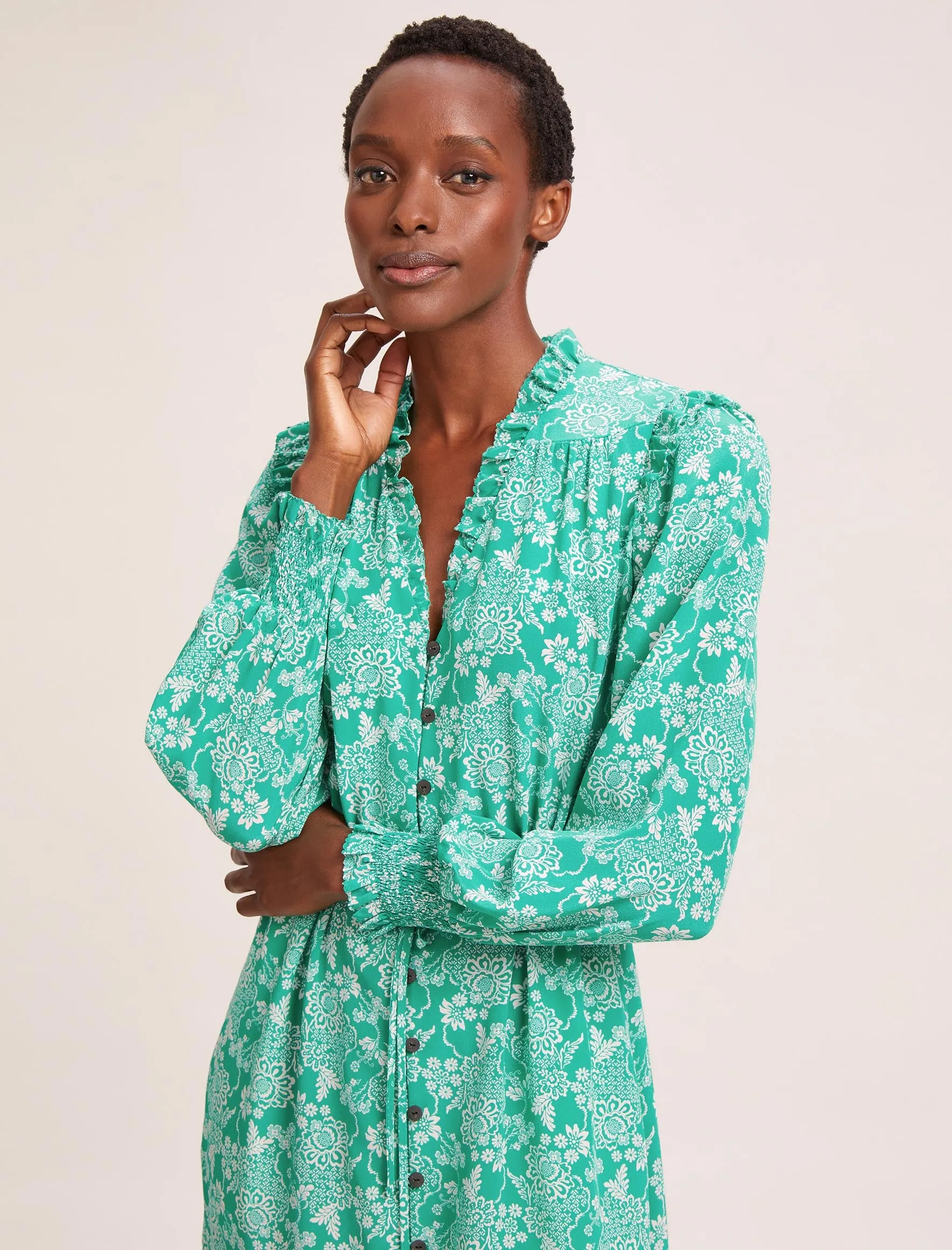 Stella Silk Midi Dress - Green Damask Print