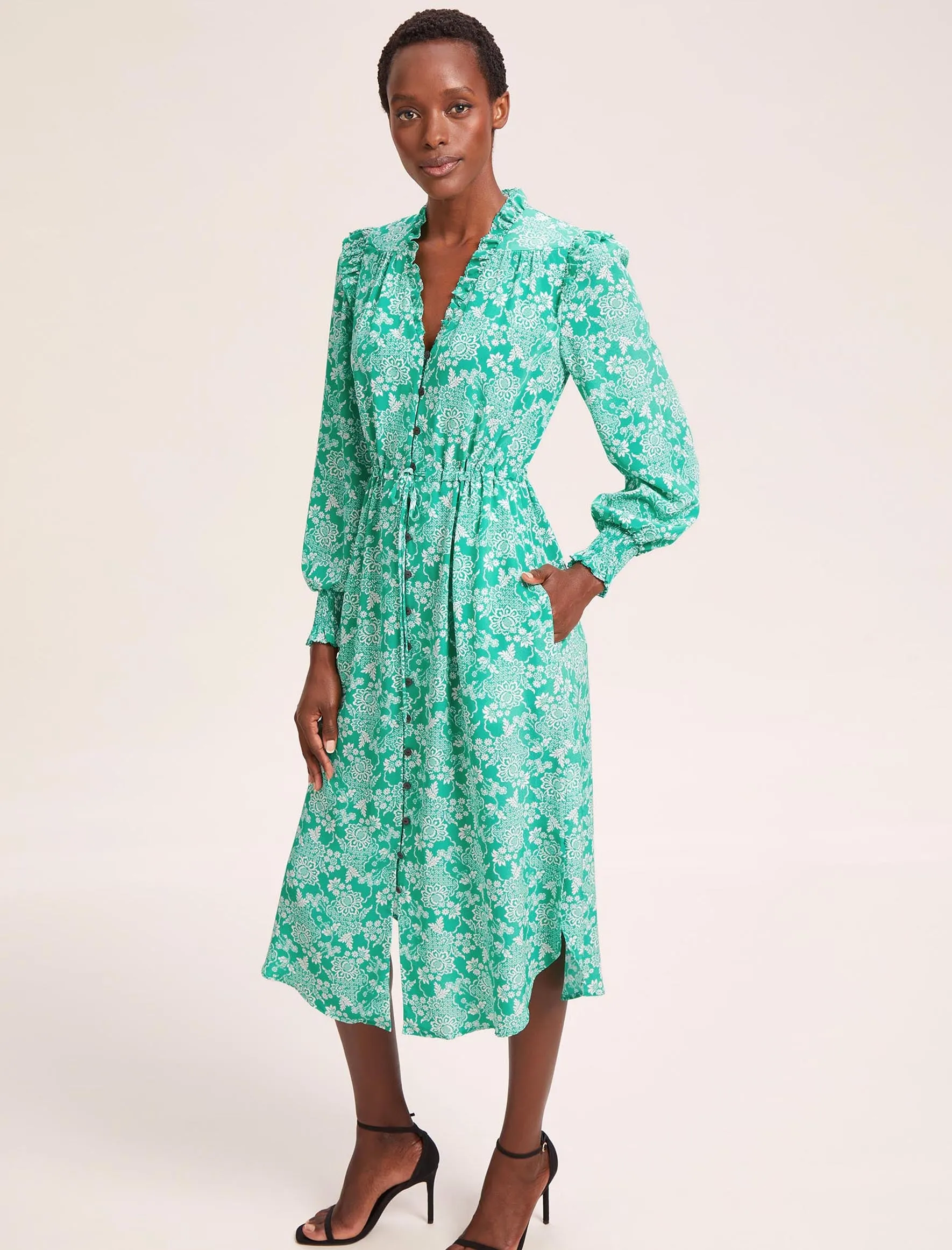 Stella Silk Midi Dress - Green Damask Print