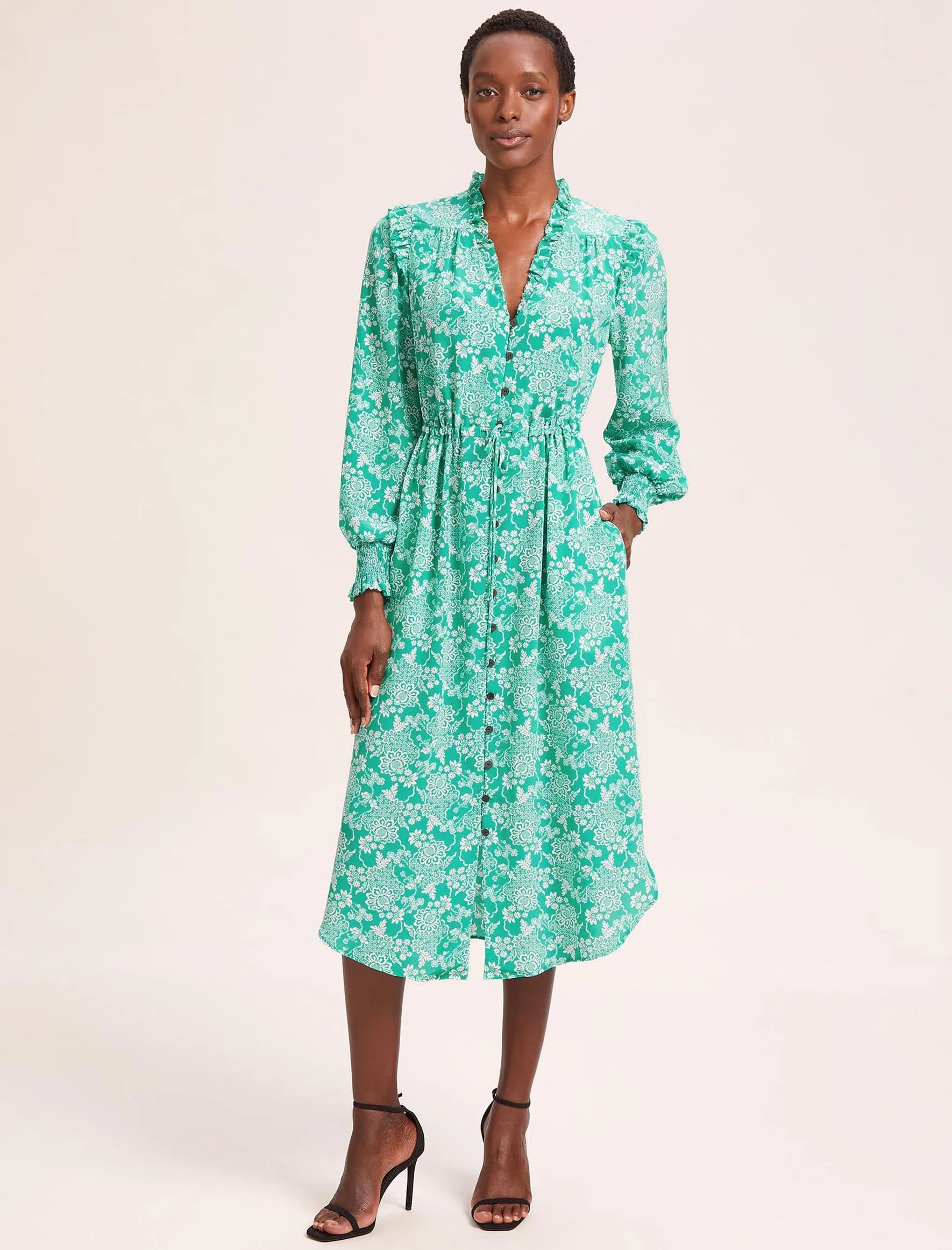 Stella Silk Midi Dress - Green Damask Print