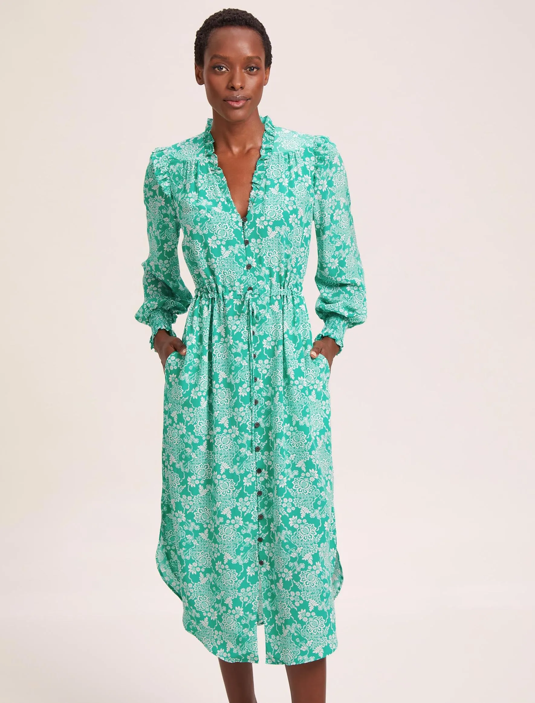 Stella Silk Midi Dress - Green Damask Print