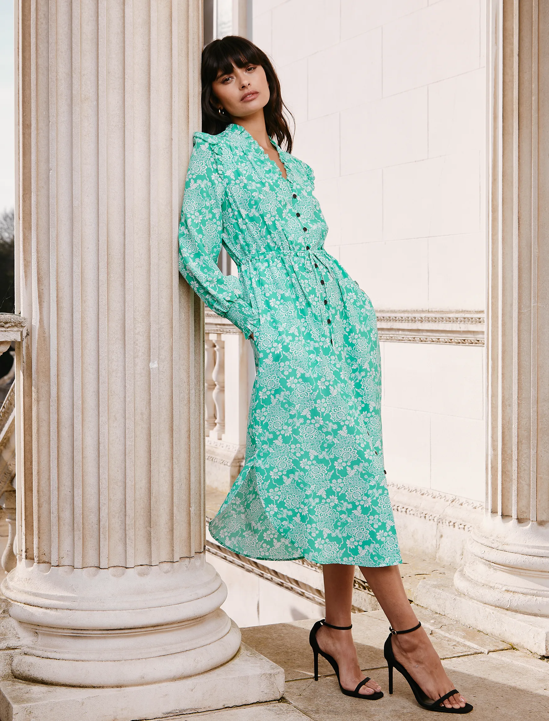 Stella Silk Midi Dress - Green Damask Print