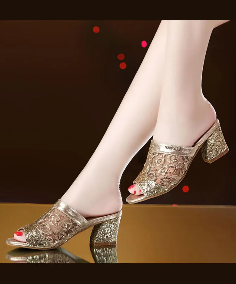 Stylish Gold Tulle Sequins Chunky Heel Slide Sandals UU013