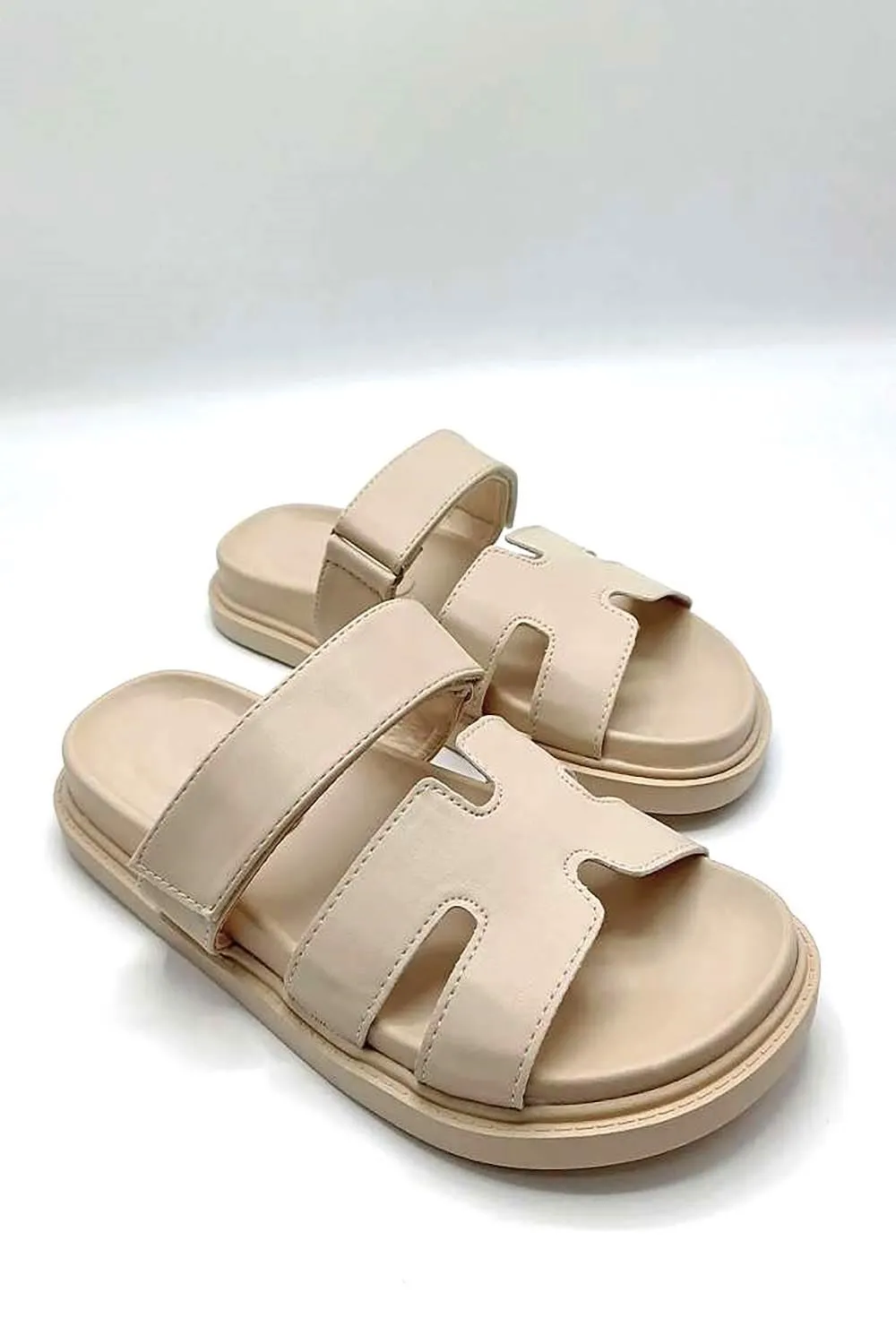 Thalia H Shaped Velcro Strap Flat Slider in Nude Matt