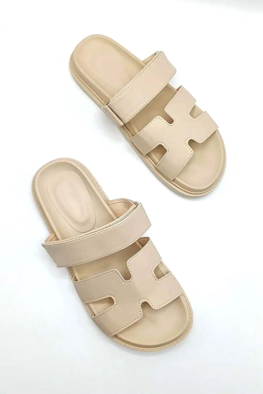 Thalia H Shaped Velcro Strap Flat Slider in Nude Matt