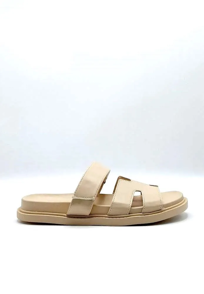 Thalia H Shaped Velcro Strap Flat Slider in Nude Matt