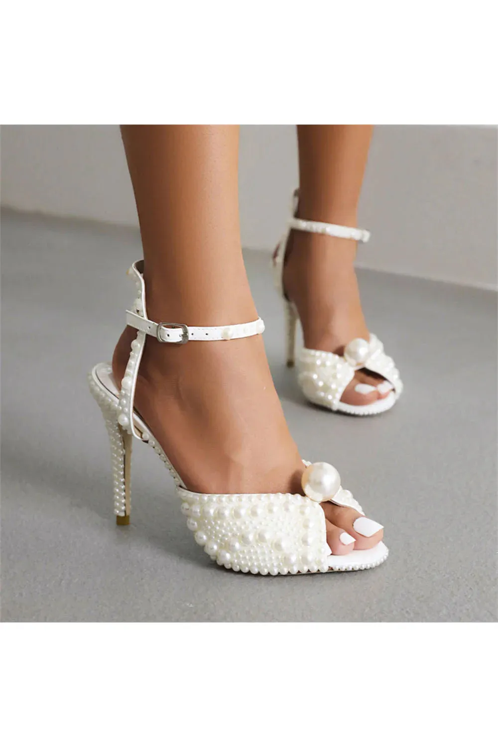 White Pearl Wedding Sandals Vintage Peep Toe Ankle Strap Stiletto Bridal Heels