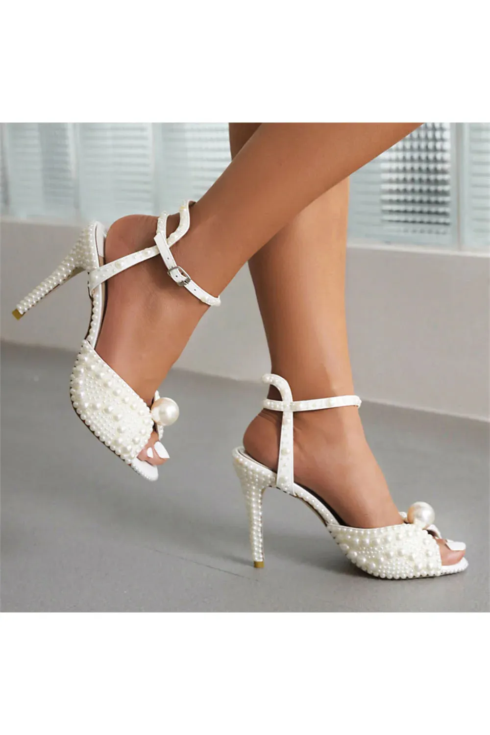 White Pearl Wedding Sandals Vintage Peep Toe Ankle Strap Stiletto Bridal Heels